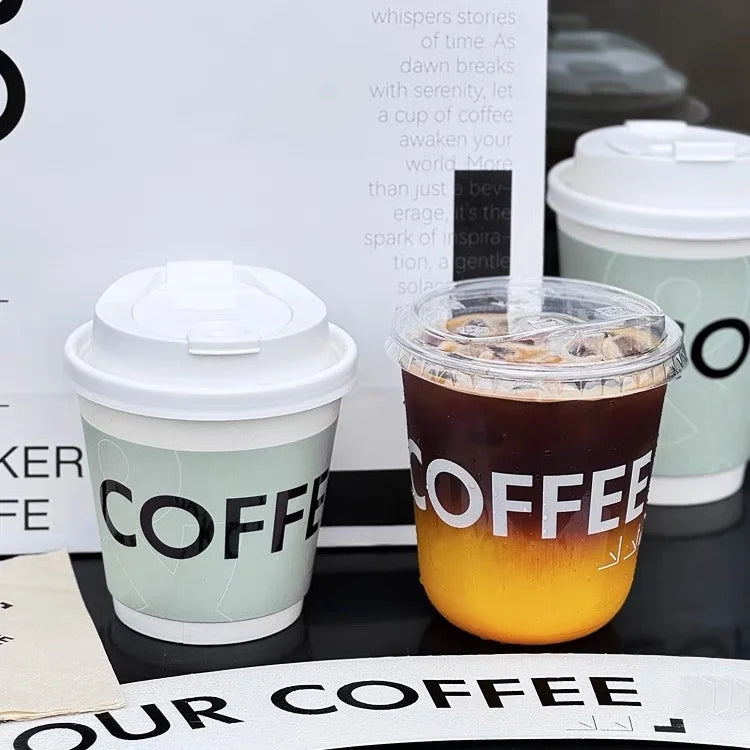 Custom Logo 8oz 12oz 16oz 22oz   Biodegradable Double-Wall Kraft Paper Cups  with Lids for Hot Latte Coffee for Beverage Store