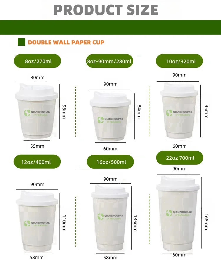 Custom Logo 8oz 12oz 16oz 22oz   Biodegradable Double-Wall Kraft Paper Cups  with Lids for Hot Latte Coffee for Beverage Store